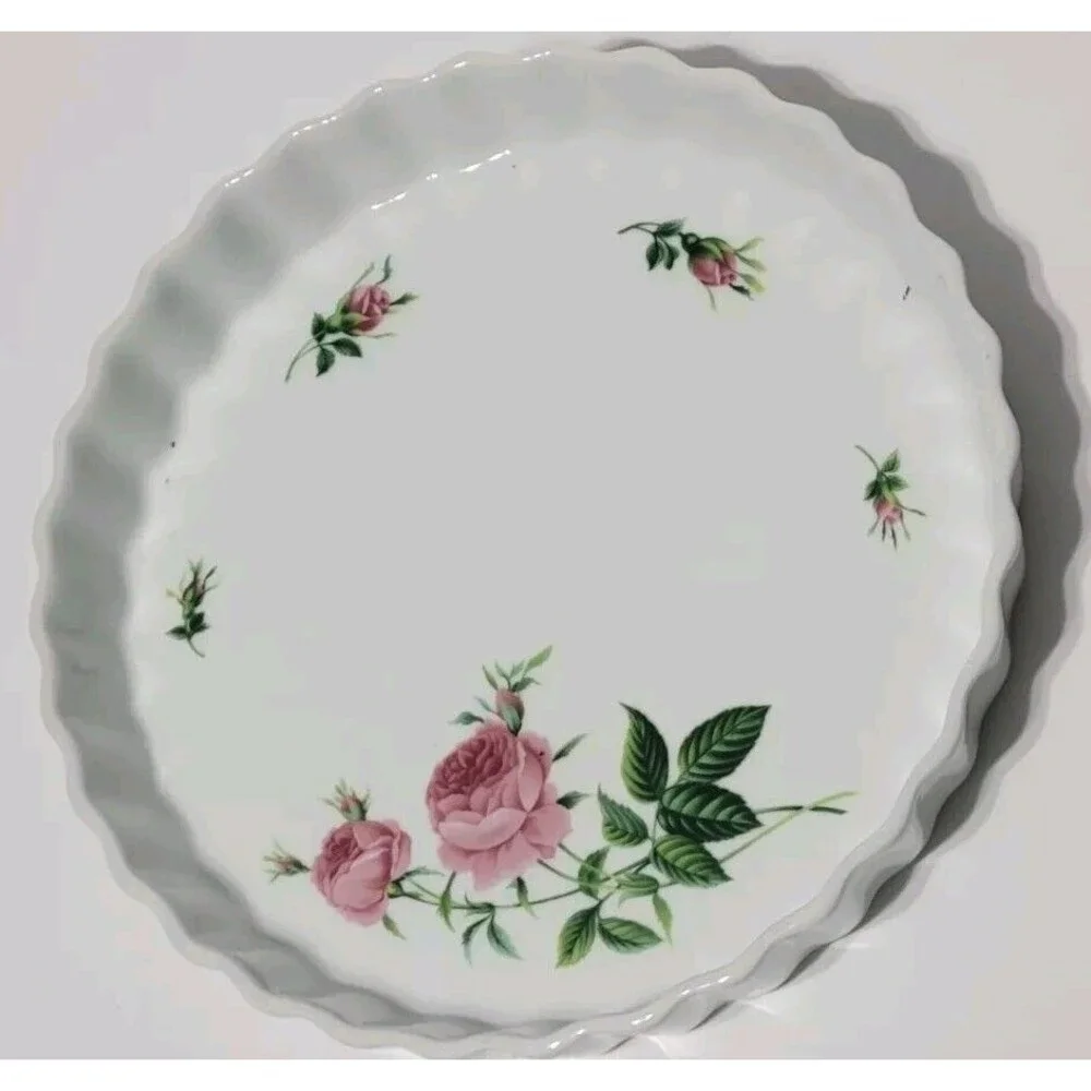 Vintage Christine Holm Ceramic Fluted Quiche Tart Dish Rose Pattern Plate 9.5